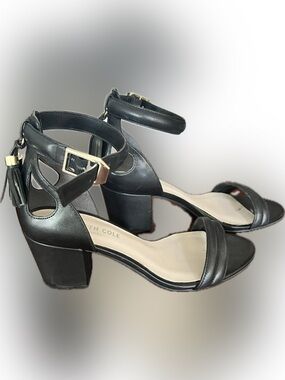 Kenneth Cole Black Leather Ankle-Strap Block Heel Sandals